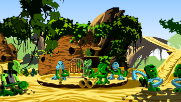 Still frame of Matoran playing music and dancing in Le-Koro.